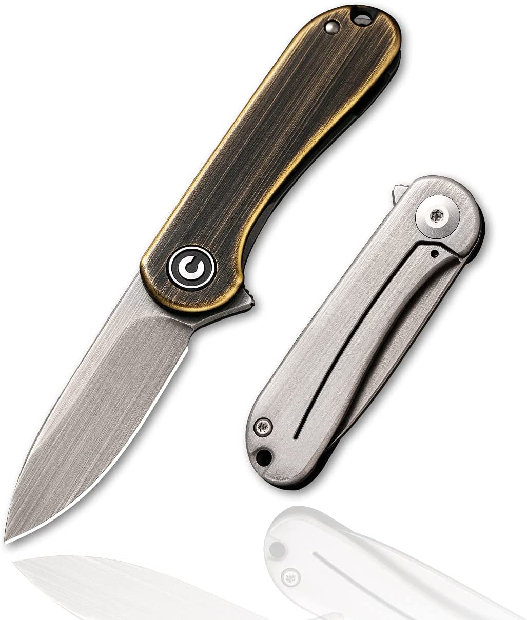 CIVIVI Mini Elementum Flipper Pocket Knife , Small folding Knife with 1.83" 14C28N Blade, Brass and Stainless Steel Handle C18062Q-1