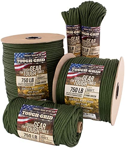 TOUGH-GRID 750lb Paracord / Parachute Cord – 100% Nylon Mil-Spec Type IV Paracord Used by The US Military, Great for Bracelets and Lanyards – Made in The USA