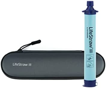 LifeStraw Blue Personal Water Filter + Gray Carry Case Offical Set for Hiking, Camping, Travel, and Emergency Preparedness