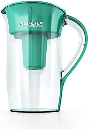 EcoFilter from ZeroWater 10 Cup Filtered Pitcher and High Capacity Water Filter ZP-010ECO, No Plastic Shell, Chlorine Reduction, Clear and Green