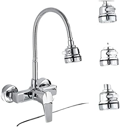 KYLEX Wall Mount Kitchen Sink Faucet Hot Cold Sink Water Mixer Tap 2 Holes Black Faucets 360 Degree Swivel (Color : 5410)