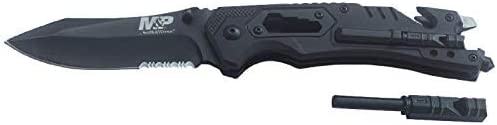 Smith & Wesson M&P 8.5in High Carbon S.S. Spring Assisted Folding Knife with 3.5in Serrated Drop Point Blade and Rubber Handle for Outdoor Survival and EDC