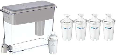 Brita Extra Large 27 Cup Filtered Water Dispenser with 1 Standard Filter, Made Without BPA, Grey (Package May Vary) & Standard Pitcher Replacement Filters, 4ct, White (42432)