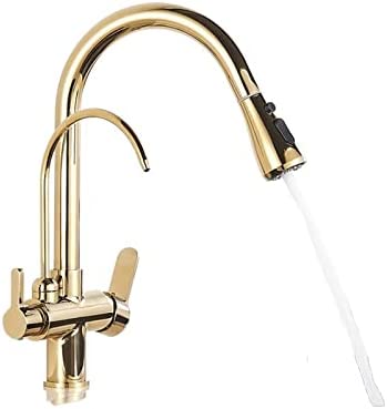 KYLEX Matte Black Touch Kitchen Faucet with Pure Water Function Dual Handle Tap Deck Mounted 360 Rotation Pull Out Hot Cold Mixer Taps (Color : Gold no Sensor)
