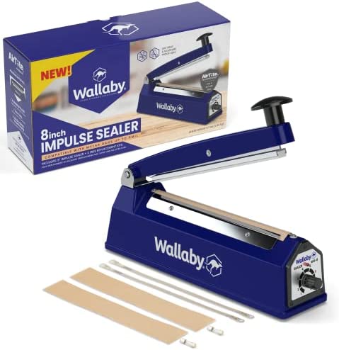 Wallaby Impulse Sealer – 8 inch – Manual Heat Sealer Machine for Mylar Bags – Heavy Duty for Strong, Secure Sealing for Long Term Food Storage – Two Fuse & Strip Replacement Kits Included (Blue)