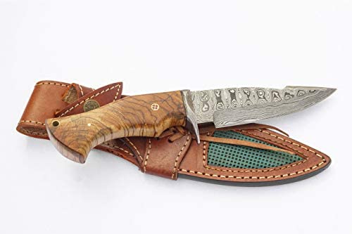 Ace Knife Handmade Damascus Hunting Knife, Olive Wood Handle, Fixed Blade Knife with Leather Sheath- Camping Knife Ideal Gift for Men and Women, Wood, Olive, Steel