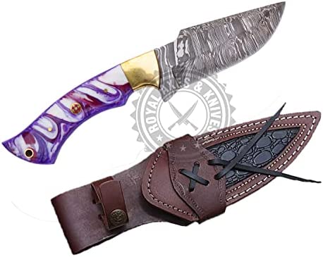 NA-1 Royal Knife Custom Hand Made Damascus Steel Bowie Knife With Multi Purple Resin Handle Material Hand Made Fixed Blade Survival Knife With Leather Sheath (R K 002)