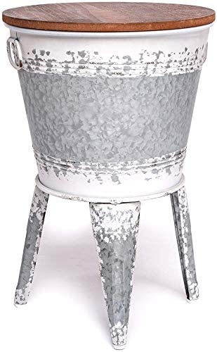 Hallops Farmhouse Accent Side Table | Galvanized Rustic Coffee Table | Metal Storage Ottoman Wood Cover with Stand | Farmhouse Decor Storage Bench with Legs(Set of 1, Distressed White)