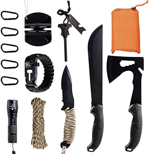 KNINE OUTDOORS 2022 Axe Fixed Blade Knife with Sheath, One-Piece Camping Hatchet and Hunting Knife with Rope Handle, Includes Zoomable Flashlight and Many Other Tools, 12 Pieces Camping Tool Set