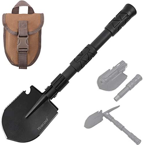 Yeacool Camping Shovel Foldable, Folding Trench Shovel, Metal Detector Accessories, Army Trenching Tool with Pickaxe, Collapsible Tactical Multi-Tool for Survival, Digging, Backpacking, Car Emergency