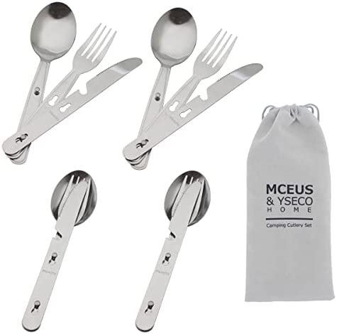 4-in-1 Camping Utensils Hiking Cutlery Set for 4, Portable Stainless Steel Flatware Spoon Fork, Knife & Bottle Opener Combo pack for Picnic Travel/Barbecue/Backpack Outdoor Gear with Carrying Bag