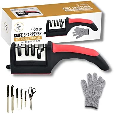 Kijor Home 3 stage knife sharpeners 4 in 1 Kitchen knife Accessory Advanced technology blade sharpeners with scissor sharpeners and Level 5 Cut resistant glove (No knives included), Red, Black