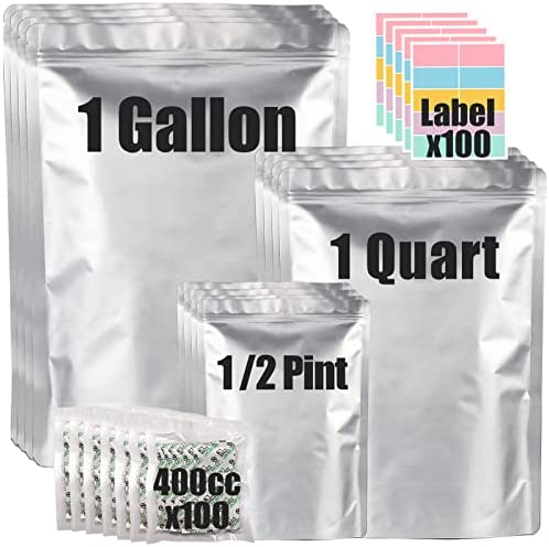 100pcs Mylar Bags for Food Storage with Oxygen Absorbers 400cc (10*10 Packs) and Labels, 10 Mil 10″x14″ (30pcs) 7″x10″ (30pcs) 5″x7″ (40pcs) Stand-Up Zipper Pouches Resealable and Heat Sealable for Long Term Food Storage