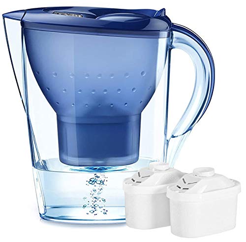 Jucoan 14-Cup Water Filter Pitcher, Water Purifier Jug with 2 Filters, Filter Change Indicator, Purify and Increase PH Levels for Drinking Water
