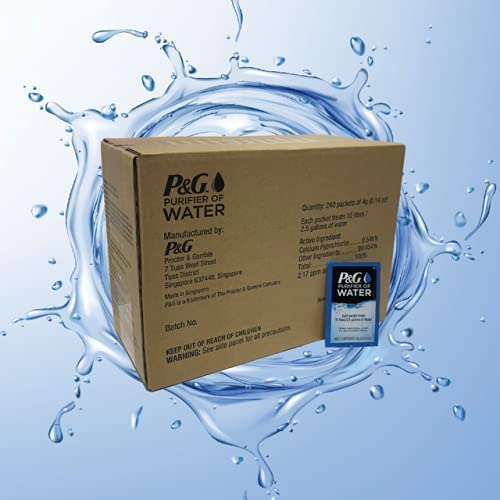 P&G Purifier of Water Portable Water Purifier Packets (Box of 240 Packets). Emergency Water Filter Purification Powder Packs for Camping, Hiking, Backpacking, Hunting, and Traveling.