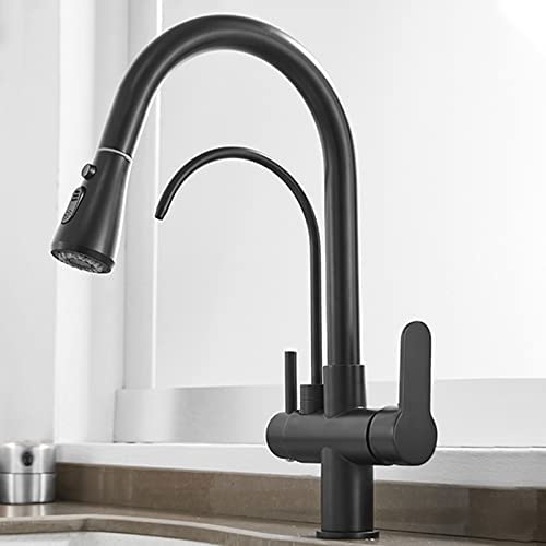NJDT Commercial Pull Out Kitchen Sink Faucet Dual Handle 3 in 1 High Arc Water Filter Purifier Faucets-Contemporary Style