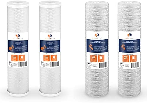 Aquaboon 2-Pack Coconut Shell Water Filter Cartridge & Aquaboon 2-Pack String Wound Sediment Water Filter Cartridge | Universal Whole House 5 Micron 20 inch Cartridges