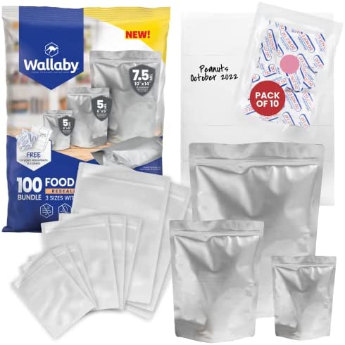 Wallaby 100 Count Mylar Bag Bundle – Multi-Size Pouches, 100x 400cc Oxygen Absorbers, 100x Labels – Heat Sealable, Food Safe & BPA-Free – Long-Term Food Storage for Preppers – Silver (Gusset)