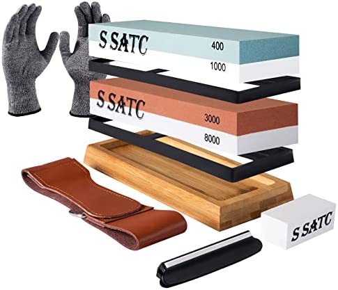 S SATC Knife Sharpeners Stone Whetstone 4 Side Grit 400/1000 3000/8000 Sharpening Stone with Nonslip Rubber Bases, Bamboo Base, Flattening Stone, and Leather Strop