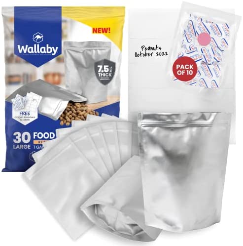 Wallaby 30х 1 Gallon Mylar Bag 7.5 mil for Food Storage with 400cc Oxygen Absorbers & Labels – 10″x14″ Stand-Up Heat Seal Bulk Resealable Gusset Ziplock Foil Bags for Freeze Dryers, Dehydrated Dried Food