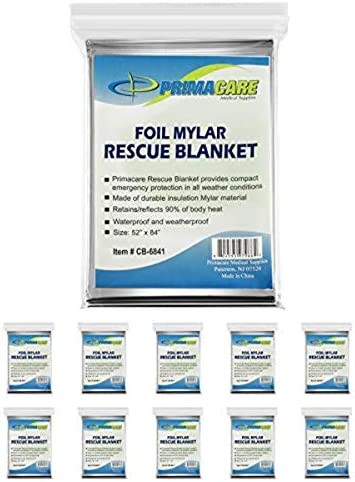 Primacare HB-10 Emergency Foil Mylar Thermal Blanket (Pack of 10), 52″ Length x 84″ Width, Silver