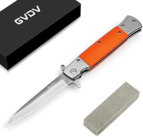 GVDV Folding Pocket Knife with G10 Handle, 7Cr17 Stainless Steel EDC Knife with Safety Liner-Lock, Camping Hunting Survival Knife for Men Women, Orange