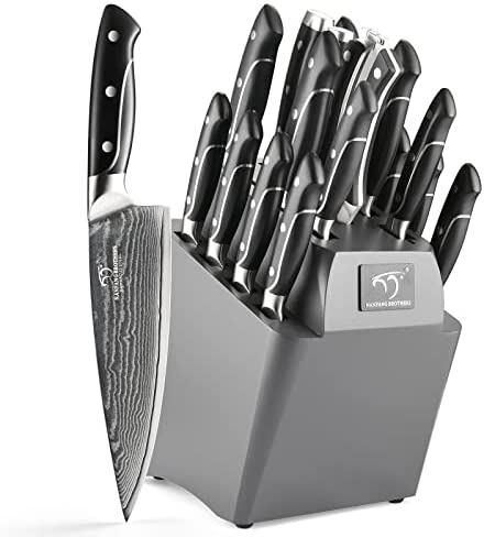 18 Pieces Damascus Kitchen Knife Set, 8 Piece Steak Knives, Non-slip ABS Ergonomic Triple Rivet Handle for Meat Fork, Knife Sharpener and Kitchen Shears, 17 Slots Fraxinus Manchuria Knife Block (Grey)