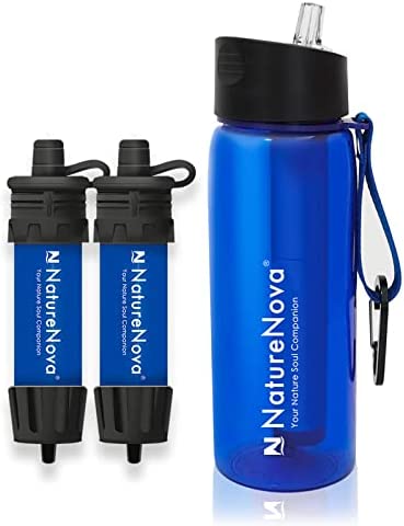 Mini Water Filter NatureNova Portable Emergency Water Filtration(2 Pack,Blue) with Naturenova Water Filter Bottle(1 Pack Blue)