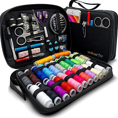 VelloStar Sewing Kit for Adults & Kids w/ 100 Sewing Supplies and Accessories – 24-Color Threads, Needle and Thread Kit Products for Small Fixes, Basic Mini Travel Sewing Kit for Emergency Repairs
