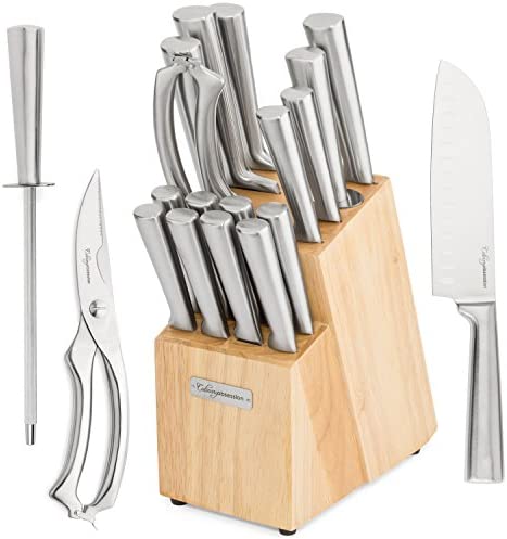 Knife Block Set – 17 Pieces – Includes Solid Wood Block, 6 Stainless Steel Kitchen Knives, Set of 8 Serrated Steak Knives, Heavy Duty Poultry Shears, and a Carbon Steel Sharpening Rod