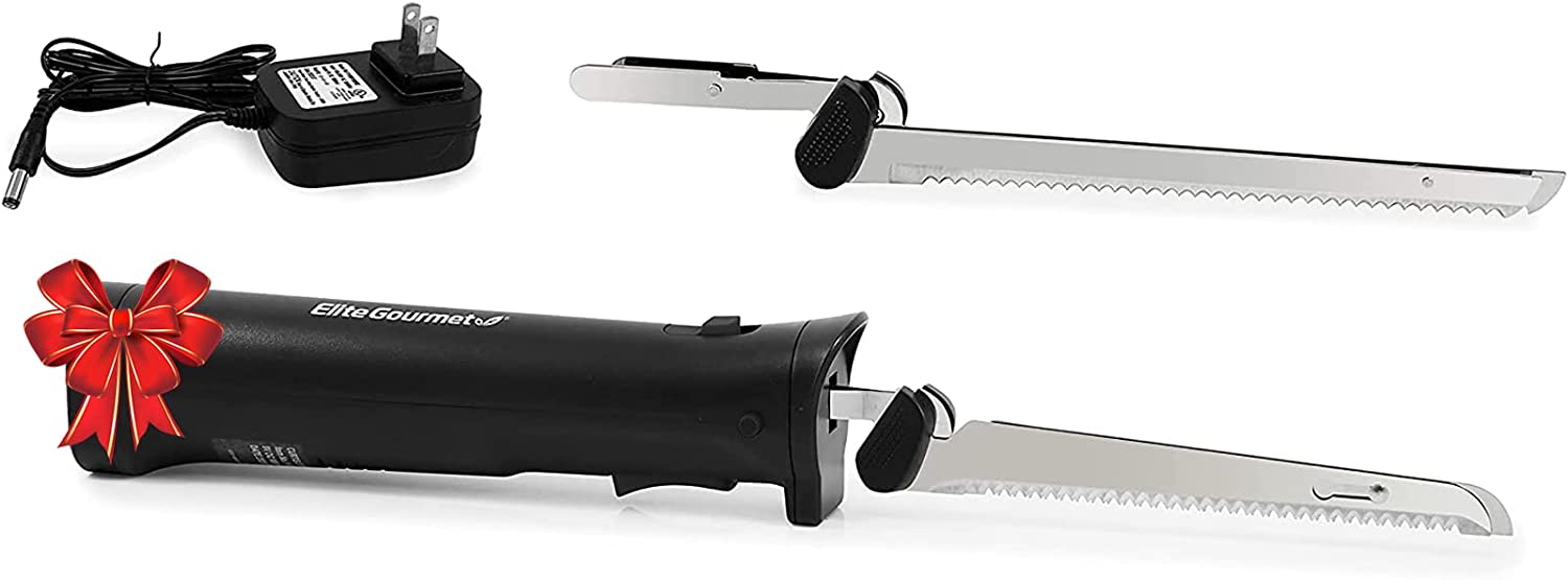 Elite Gourmet EK9810 Professional Cordless Rechargeable Easy-Slice Electric Knife with 4 Serrated Blades and Safety Lock Trigger Release, Carving Meats, Poultry, Bread, Black