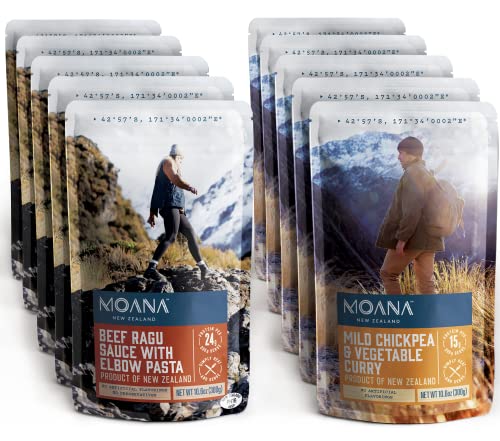 Moana New Zealand Camping Food 10 Pack – 5 Beef Ragu Sauce with Elbow Pasta, 5 Mild Chickpea and Vegetable Curry, Adventure Hiking Nutrient Survival, Non Freeze Dried Emergency Camp Backpacking Food