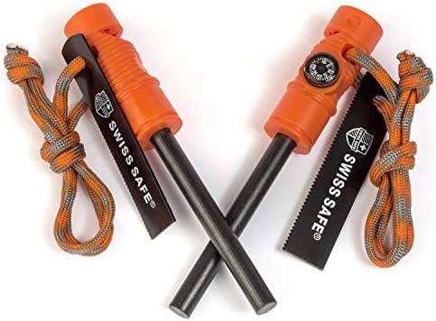 Swiss Safe 5-in-1 Fire Starter with Compass, Paracord and Whistle (2-Pack) for Emergency Survival Kits, Camping, Hiking, All-Weather Magnesium Ferro Rod