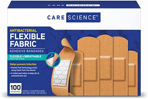Care Science Antibacterial Fabric Adhesive Bandages, 100 ct Assorted Sizes | Flexible + Breathable Protection Helps Prevent Infection for First Aid and Wound Care