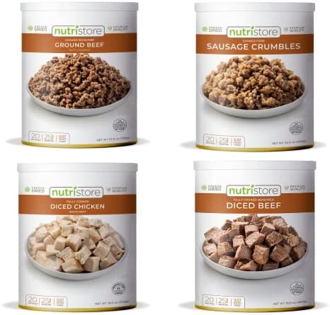 Nutristore Freeze-Dried Meat Variety 4-Pack (Chicken, Beef Dices, Ground Beef, and Sausage Crumbles) | 80 Large Servings | Emergency Survival Bulk Food Storage | Amazing Taste | Perfect for Camping