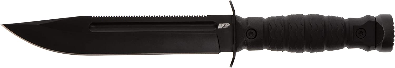 Smith & Wesson M&P Special Ops High Carbon S.S. Full Tang Fixed Blade Survival Knife with Clip Point, Rubberized Handle, Sawback and Pommel for Outdoor and Tactical , Black