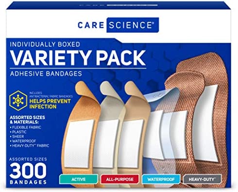 Care Science Variety Bandages Pack, 300 ct Bulk Assorted Sizes | Includes Active, All-Purpose, Waterproof, and Heavy-Duty Bandages. Breathable Protection Helps Prevent Infection for First Aid