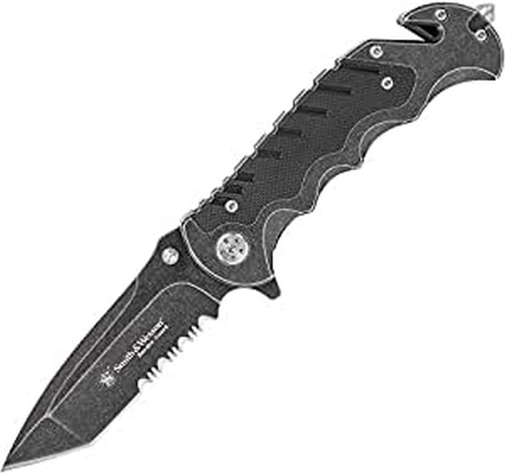Smith & Wesson Border Guard SWBG10S 8.3in High Carbon S.S. Folding Knife with 3.5in Serrated Tanto Blade and Aluminum Handle for Outdoor, Tactical, Survival and EDC