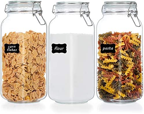 Vtopmart 78oz Glass Food Storage Jars with Airtight Clamp Lids, 3 Pack Large Kitchen Canisters for Flour, Cereal, Coffee, Pasta and Canning, Square Mason Jars with 8 Chalkboard Labels