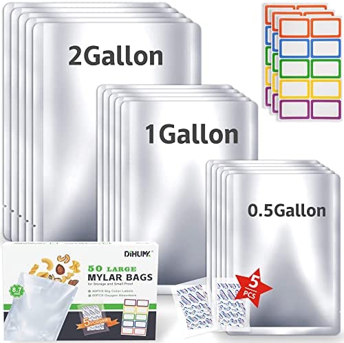 50 Mylar Bags 60x400CC Oxygen Absorbers for Food Storage Long Term 8.7 Mil Gallon Aluminum Foil 60 Stickers (14″x18″, 10″x14″, 8″x12″)
