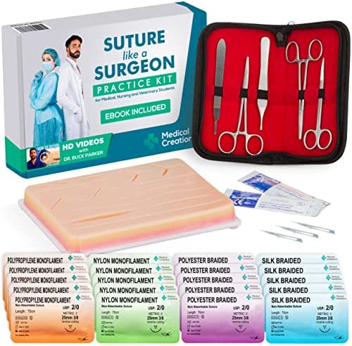 Medical Creations Suture Practice Kit with Suturing Video Series by Board-Certified Surgeon and Ebook Training Guide – Silicone Suturing Pad with Tool Kit – for Any Student in The Medical Field