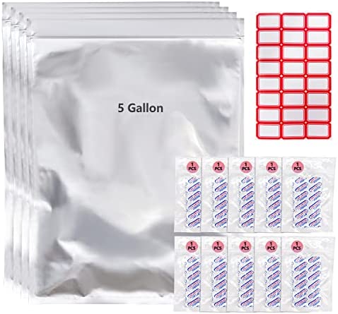 10 PCS 5 Gallon Mylar Bags For Food Storage, Mylar Bags With Oxygen Absorbers – 2500CC×10 PCS (10x PCS of 1), Large Aluminum Mylar Bags – 26″x17″