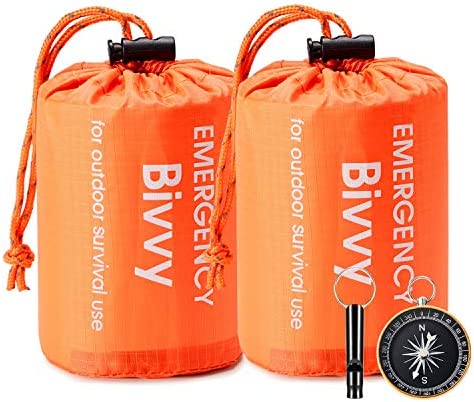 Esky Emergency Sleeping Bag, 2 Pack Portable Survival Thermal Bivy Sack, Waterproof Lightweight Survival Shelter Blanket Bags with Compass and Whistle for Camping Hiking Outdoor Adventure