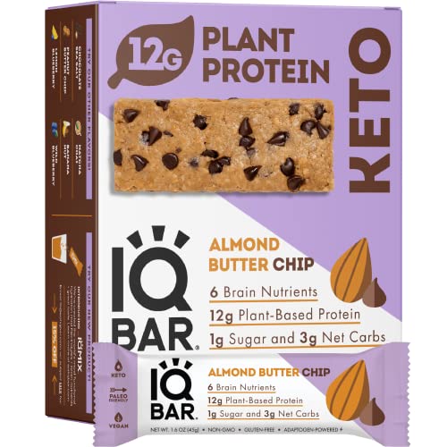 IQBAR Brain and Body Keto Protein Bars – Almond Butter Chip Keto Bars – 12-Count Energy Bars – Low Carb Protein Bars – High Fiber Vegan Bars and Low Sugar Meal Replacement Bars – Vegan Snacks