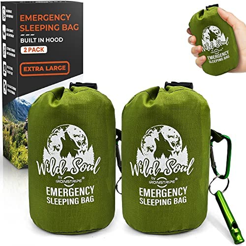 Bivy Sack Emergency Sleeping Bags 2 Pack – XL Waterproof Survival Sleeping Bag with Emergency Whistle, Built-in Hood & Thermal Mylar – Tear & Puncture-Resistant Emergency Bivy Bag by Ironstripe