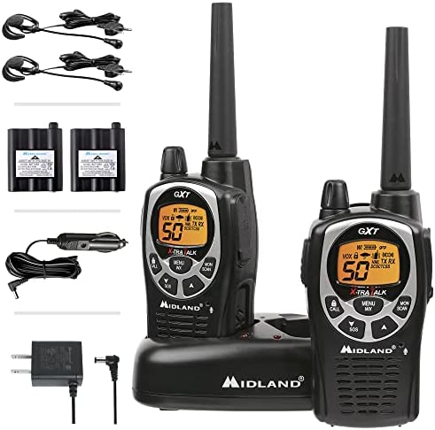Midland 50 Channel Waterproof GMRS Two-Way Radio – Long Range Walkie Talkie with 142 Privacy Codes, SOS Siren, and NOAA Weather Alerts and Weather Scan (Black/Silver, Pair Pack)