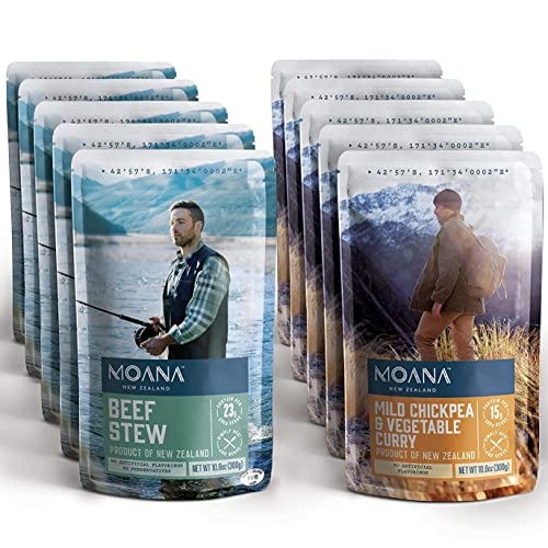 Moana New Zealand Camping Food 10 Pack – 5 Beef Stew, 5 Mild Chickpea and Vegetable Curry Adventure Hiking Nutrient Survival, Emergency Camp Backpacking Food, Non Freeze Dried Food, Backpacking Meals