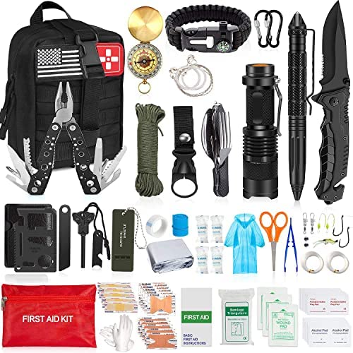 200Pcs Emergency Survival Kit and First Aid Kit Professional Survival Gear SOS Emergency Tool with Molle Pouch for Camping Adventures (Black)