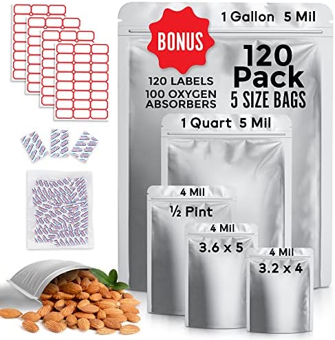 PRILUX Mylar Bags for Food Storage – 120 Stand Up Mylar Bags & Mylar Bags with Oxygen Absorbers – 10 Mil 1 Gallon, Quart & 8 Mil Small, Reusable Heat Sealable Zipper Resealable Airtight Food Storage