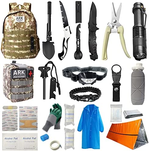 Professional Emergency Survival Kit with First Aid Kit, Camping Equipment with Camo Backpack and Molle Pouch, for Camping, Car, Hiking Outdoor Adventure Gifts for Dad